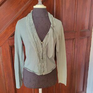 Moth Sage Green Button-Up Cardigan With Ruffle Trim & Tie Detail Womens S Cotton